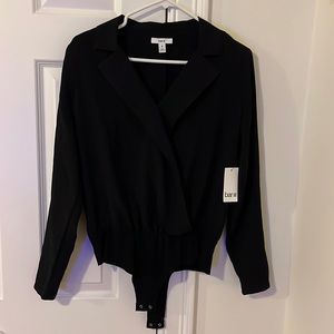 Bar III black collared blouse with shoulder pads.